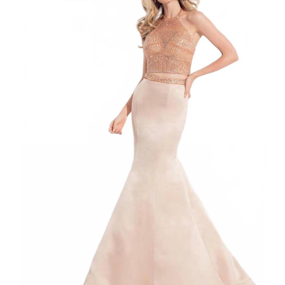 NEW RACHEL ALLAN matte satin two-piece mermaid gown in rose gold
